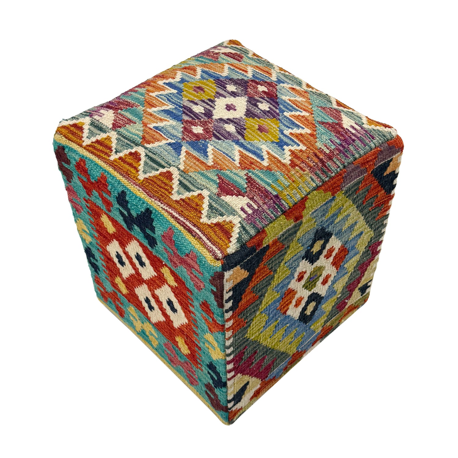 Vegetable Kilim Stool Cover Handmade Multi Geometric 1x1 ft