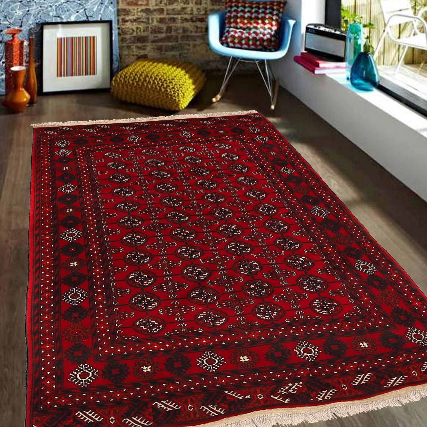 Bokhara Rug Handmade Vibrant Red Medallion 4x6 ft