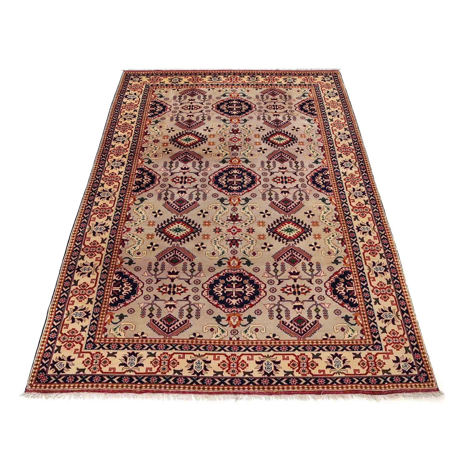 Oriental Area Rug Handmade Beige Geometric 7x10 ft