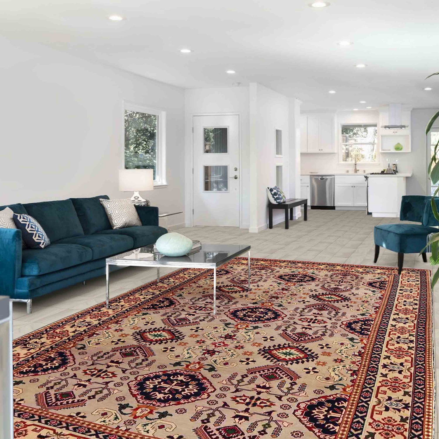 Oriental Area Rug Handmade Beige Geometric 7x10 ft