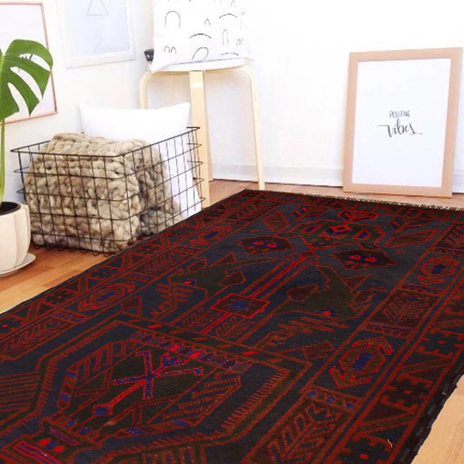 Baluchi Rug Handmade Dark Blue Geometric 3x5 ft