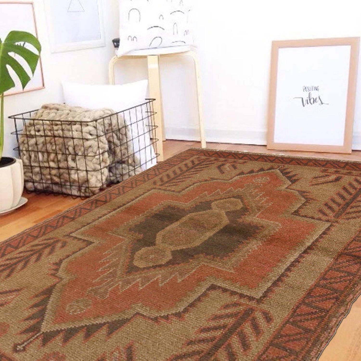 Overdyed Area Rug Handmade Brown Geometric 2x4 ft