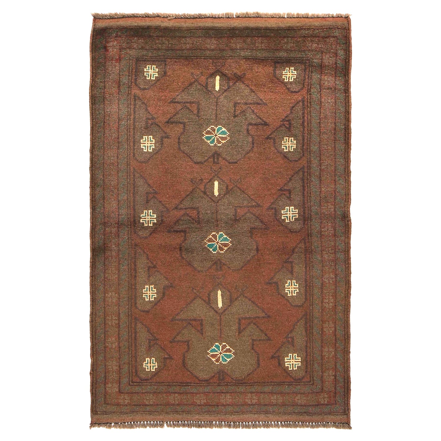 Overdyed Area Rug Handmade Brown Geometric 2x4 ft