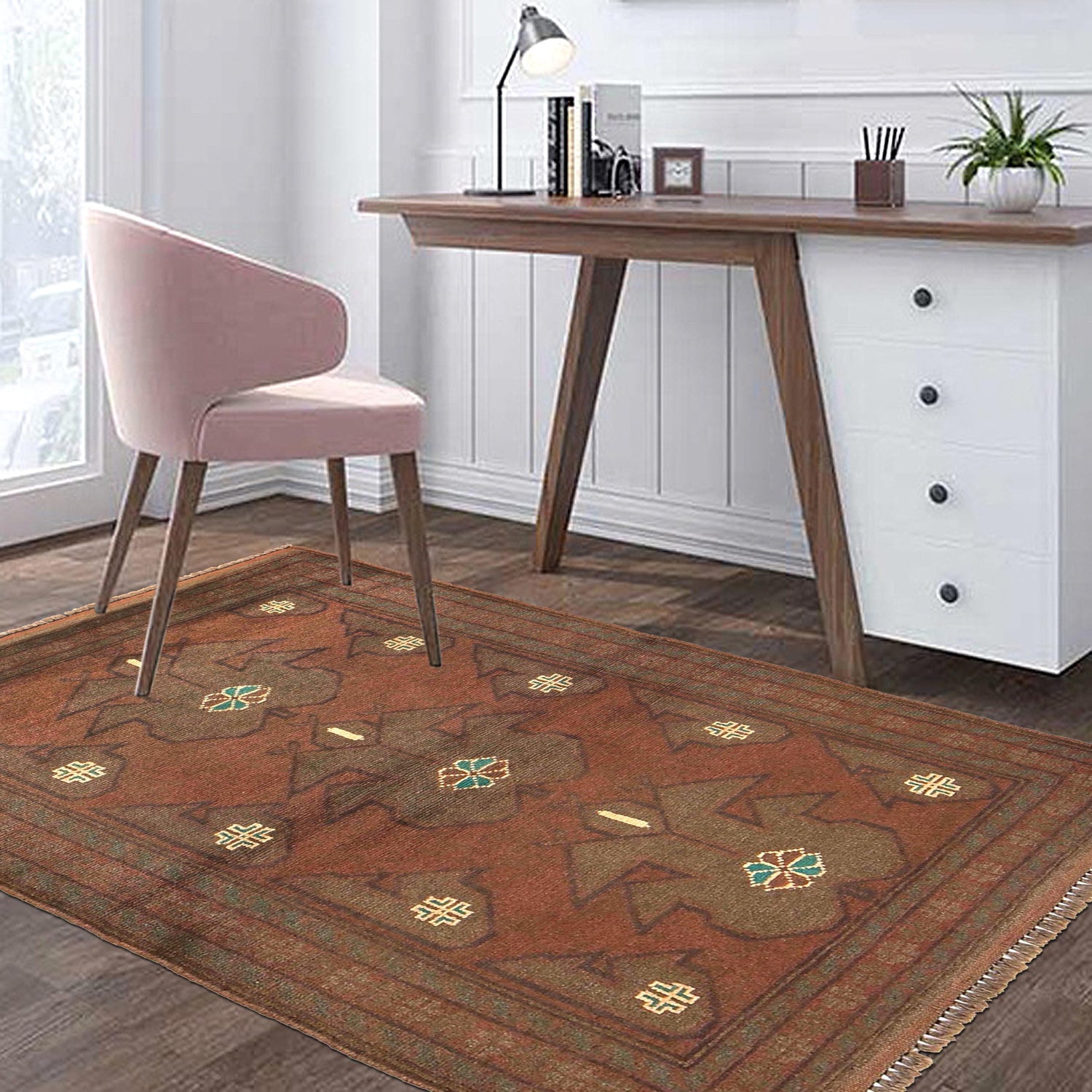 Overdyed Area Rug Handmade Brown Geometric 2x4 ft