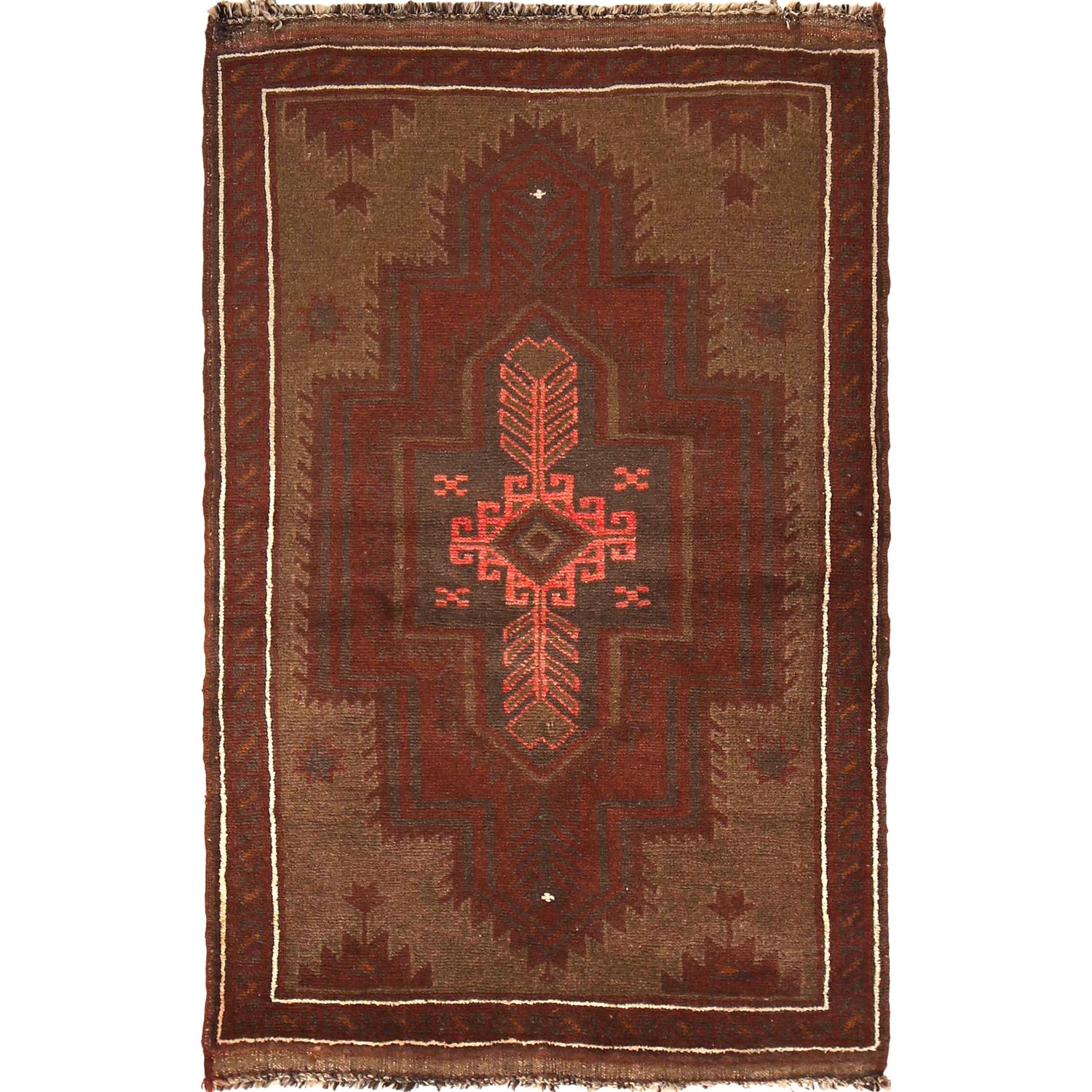Overdyed Area Rug Handmade Brown Geometric 3x5 ft