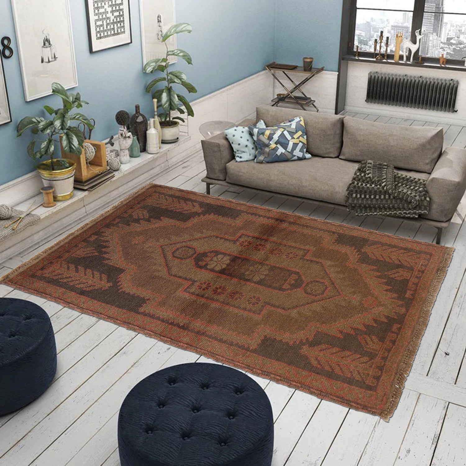 Overdyed Area Rug Handmade Brown Geometric 3x5 ft