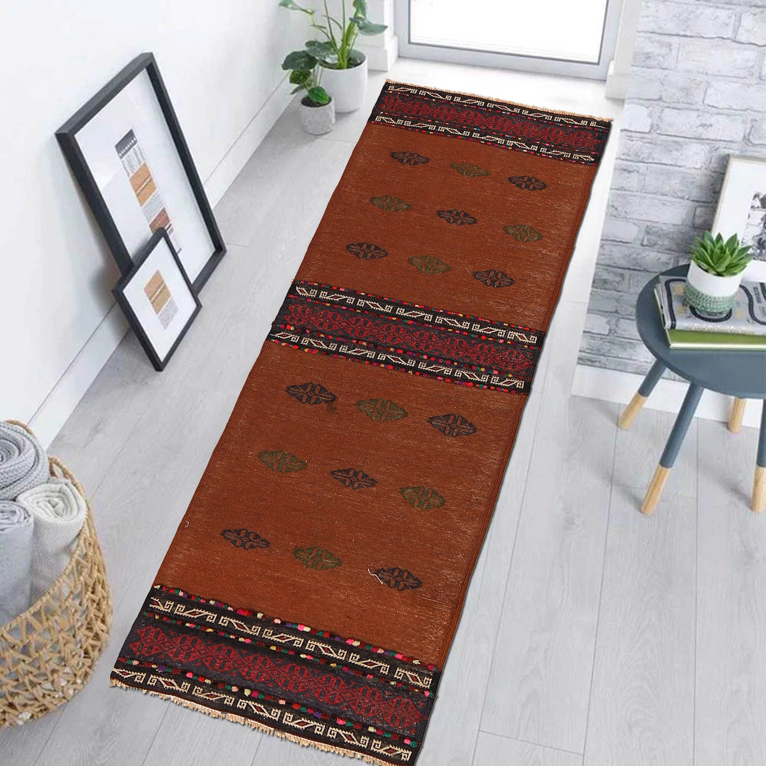 Table Sheet Runner Rug Handmade Brown Curvilinear 6' Runner