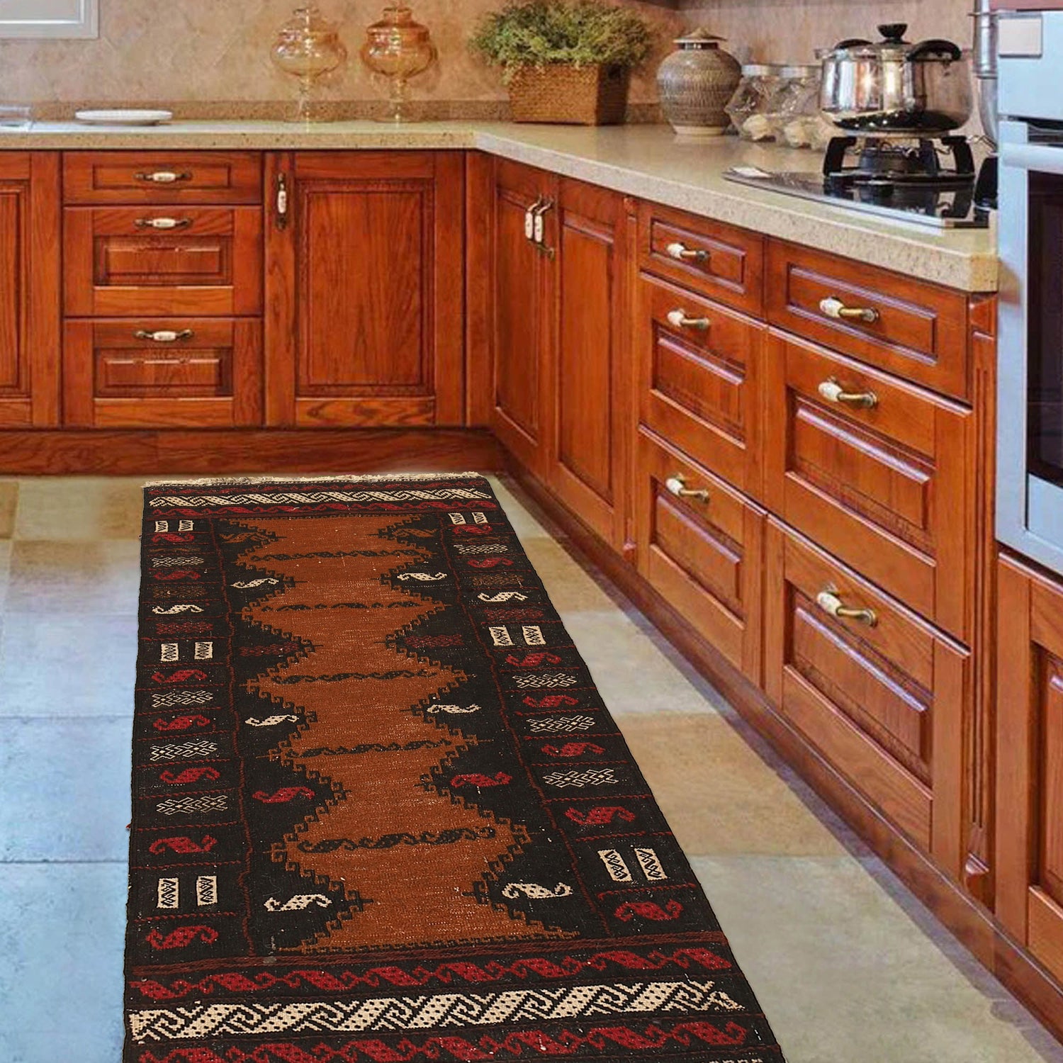 Table Sheet Runner Rug Handmade Brown Curvilinear 4' Runner