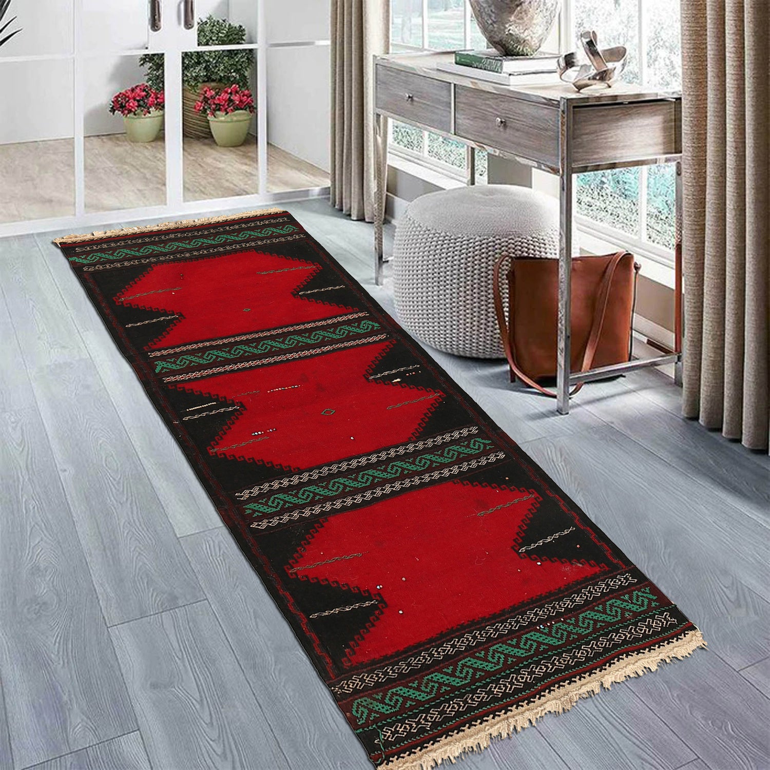 Table Sheet Runner Rug Handmade Red Curvilinear 5' Runner