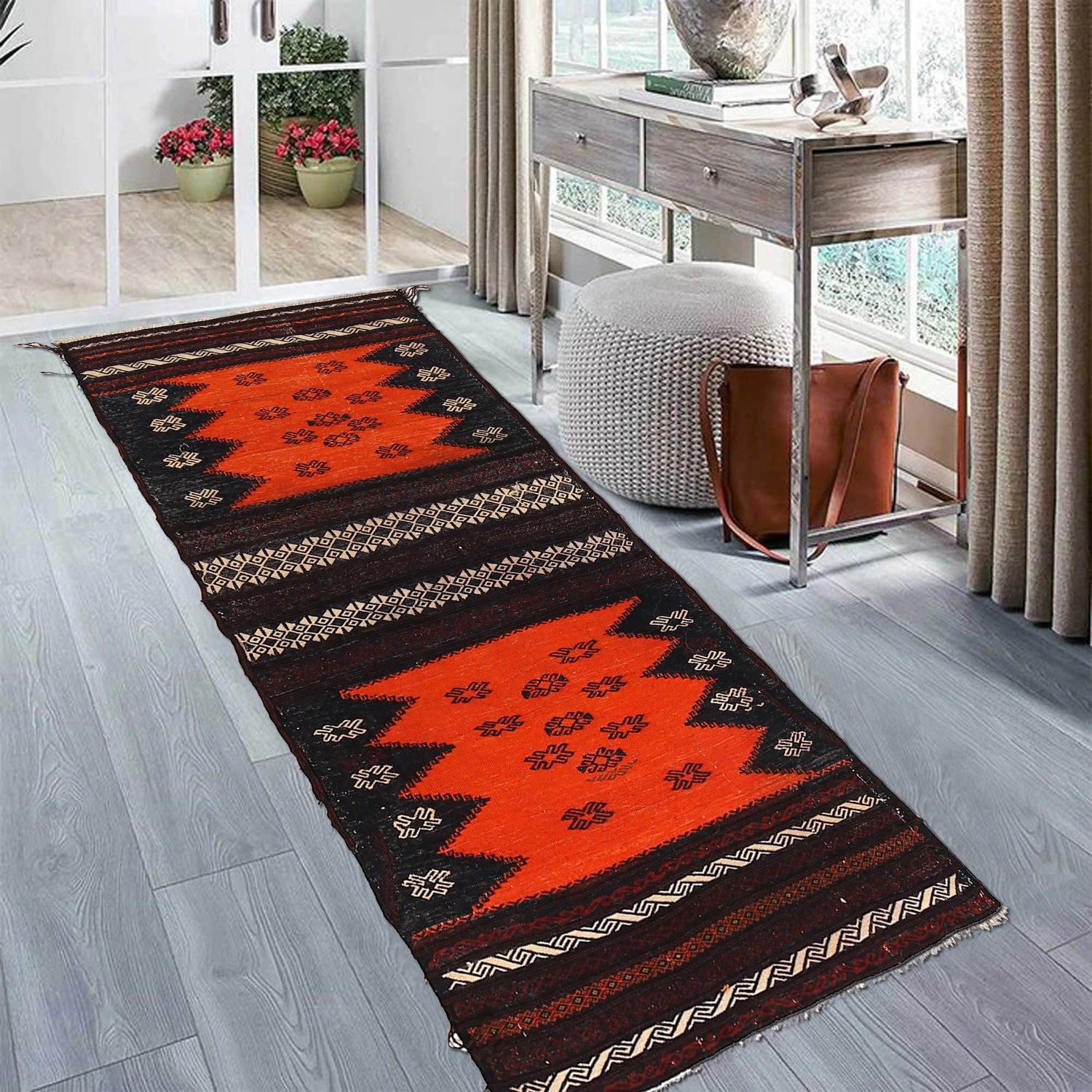 Table Sheet Area Rug Runner Handmade Orange Curvilinear 4'