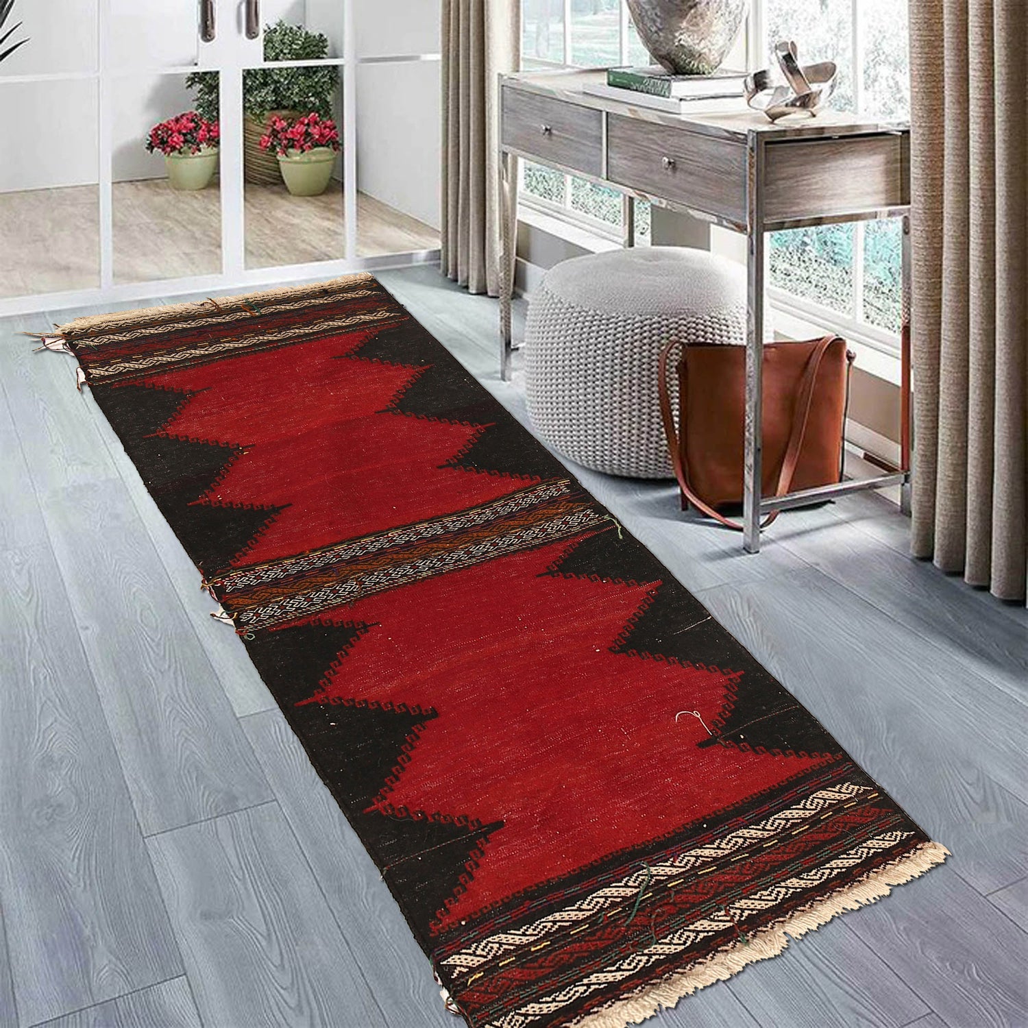 Table Sheet Runner Rug Handmade Red Curvilinear 5' Runner