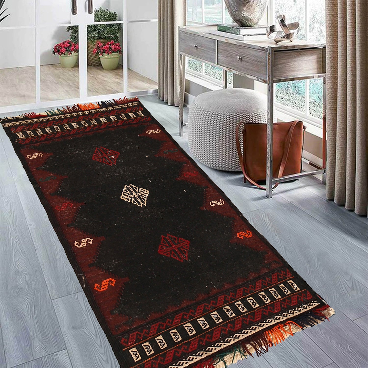 Table Sheet Runner Rug Handmade Black Curvilinear 4' Runner