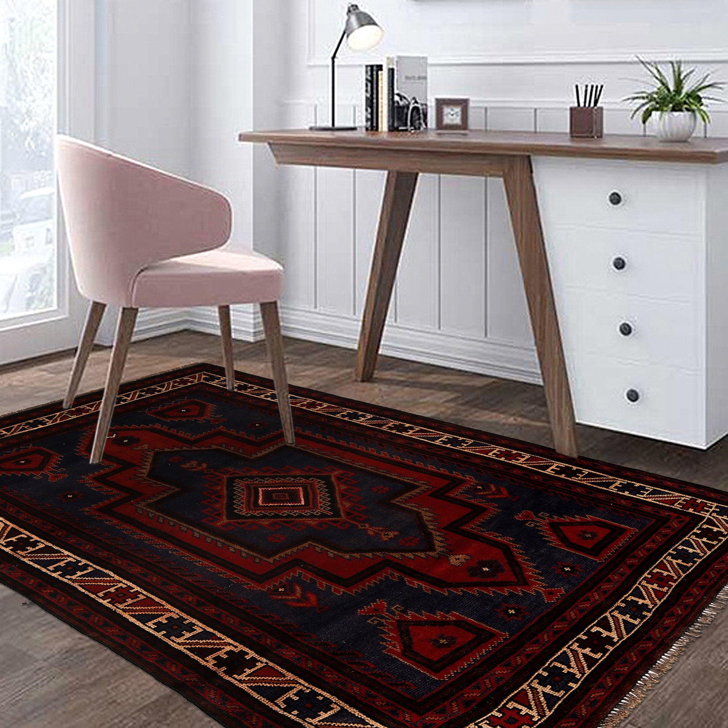 Baluchi Rug Handmade Navy Blue Geometric 4x7 ft