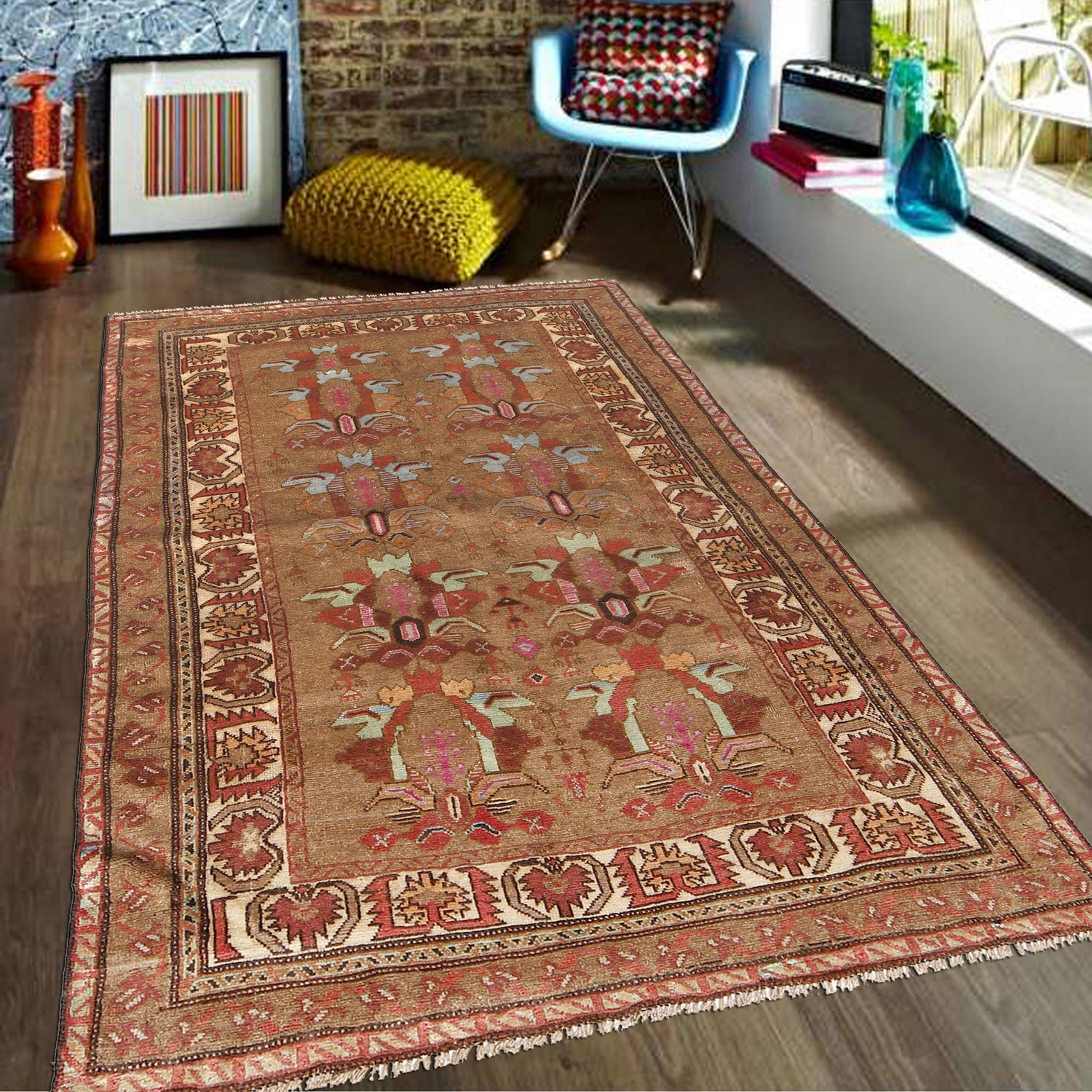 Overdyed Area Rug Handmade Brown Geometric 4x6 ft