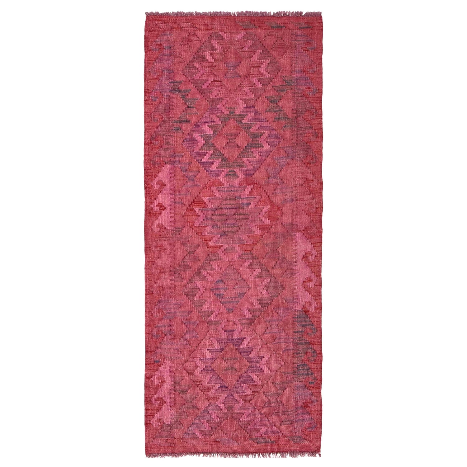 Overdyed Vegetable Kilim Runner Rug Handmade Pink Geometric