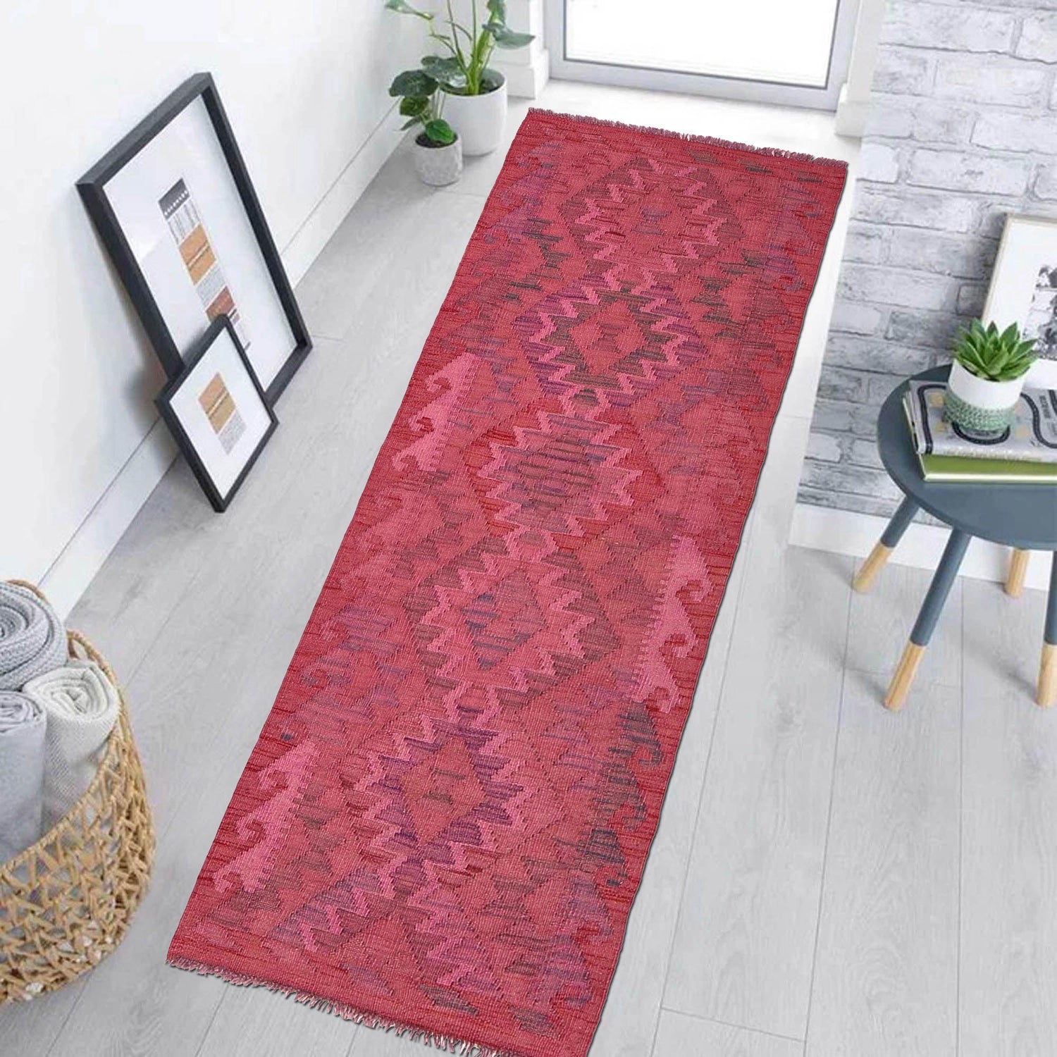 Overdyed Vegetable Kilim Runner Rug Handmade Pink Geometric