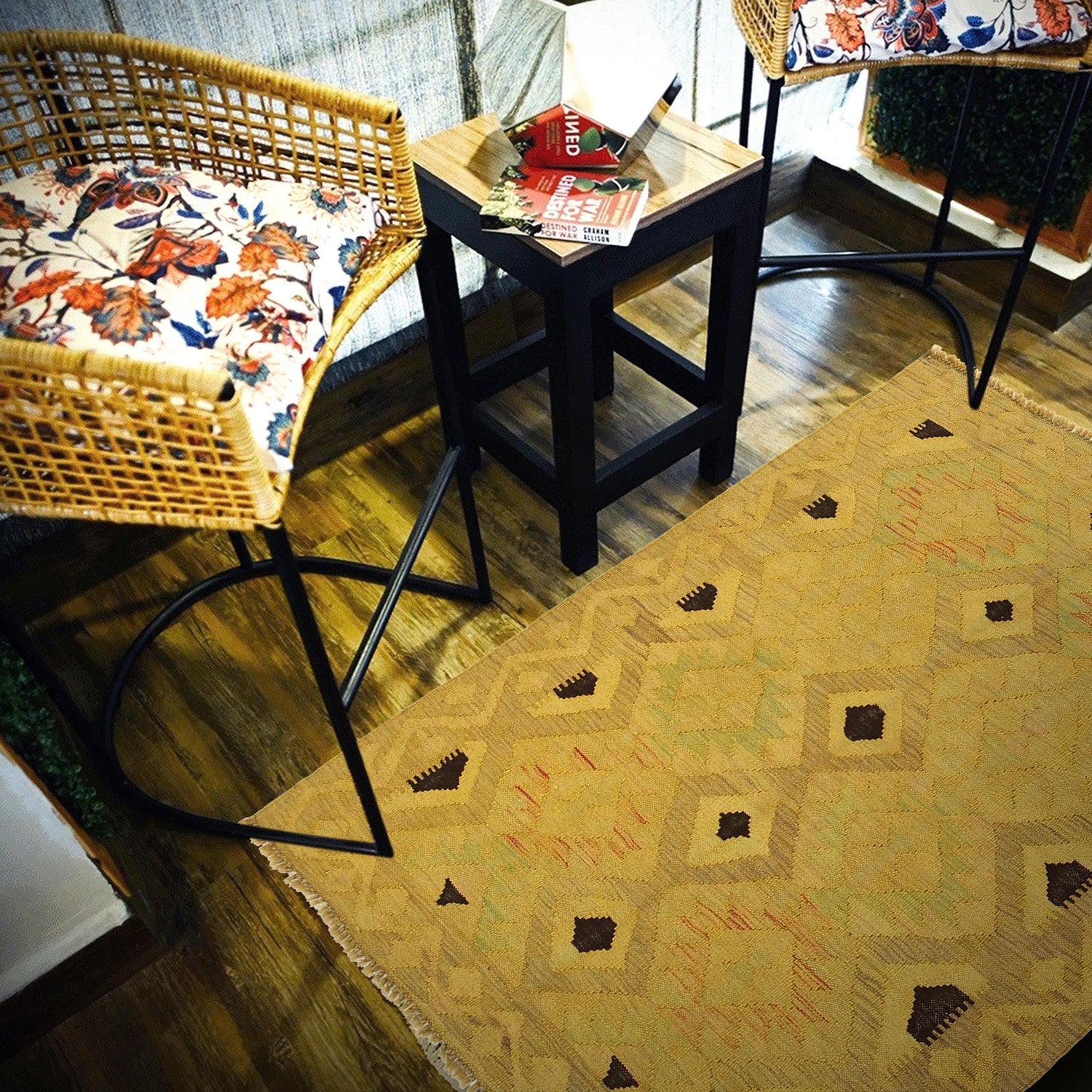 Overdyed Vegetable Kilim Area Rug Handmade Yellow Geometric