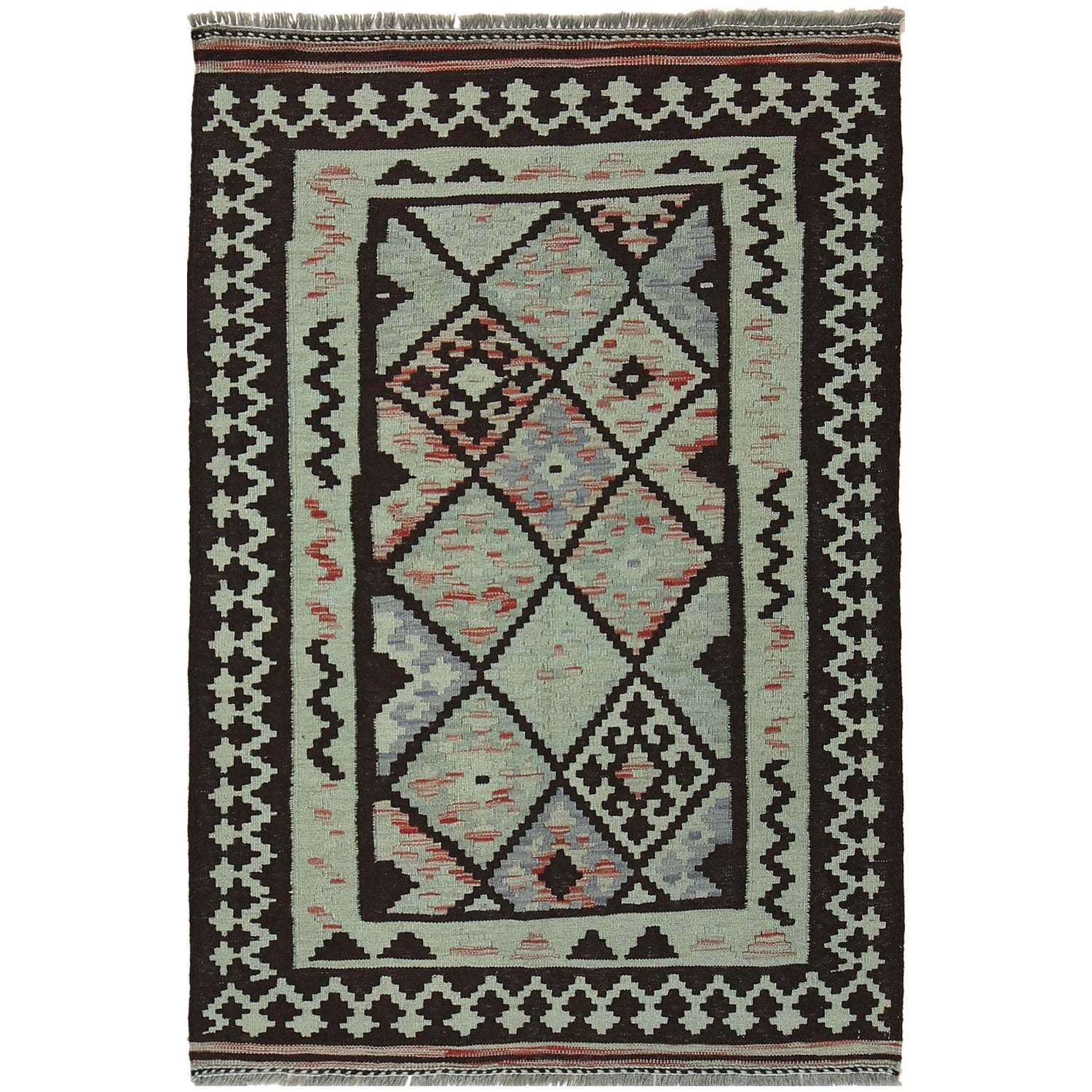Overdyed Vegetable Kilim Area Rug Handmade Green Geometric