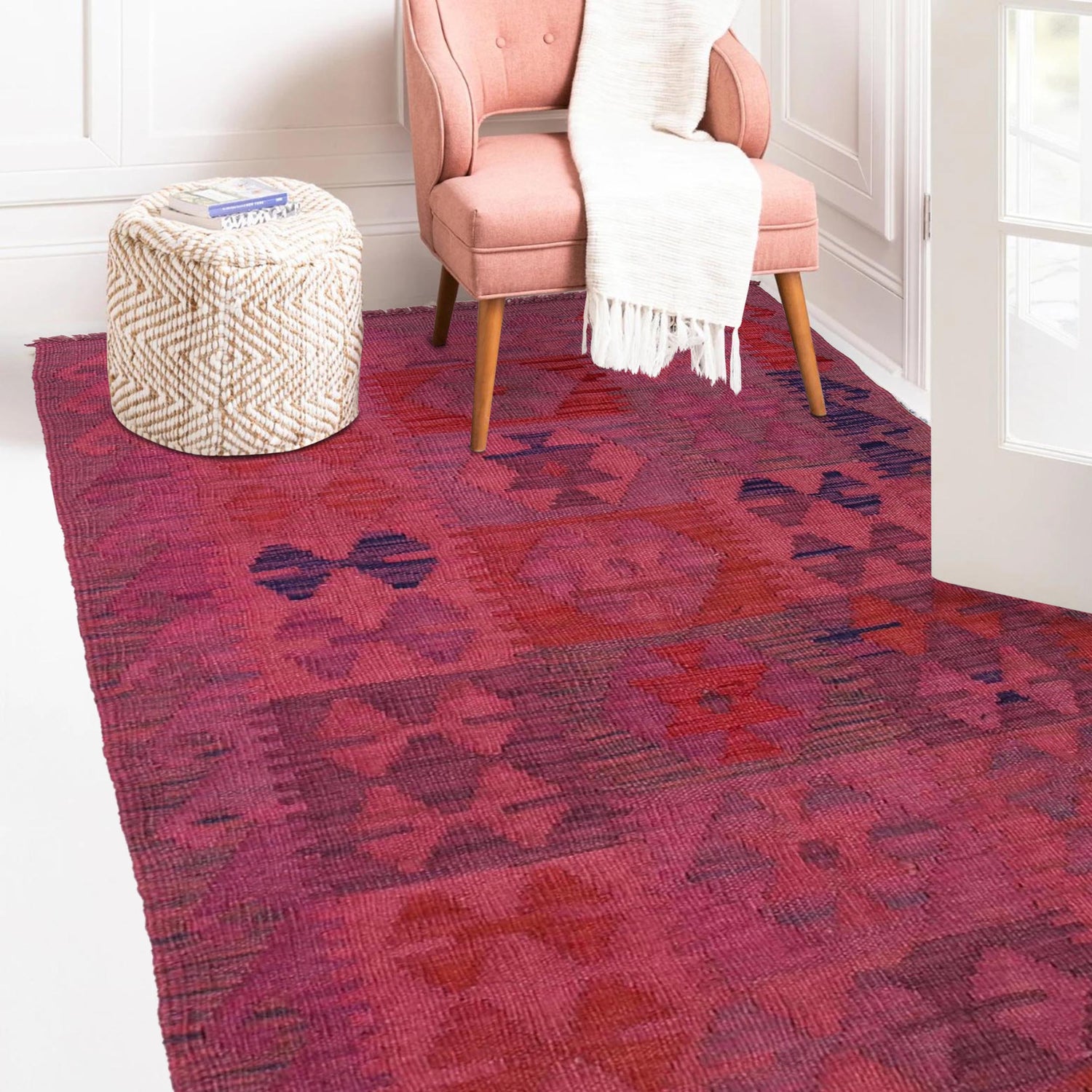 Overdyed Vegetable Kilim Area Rug Handmade Pink Geometric
