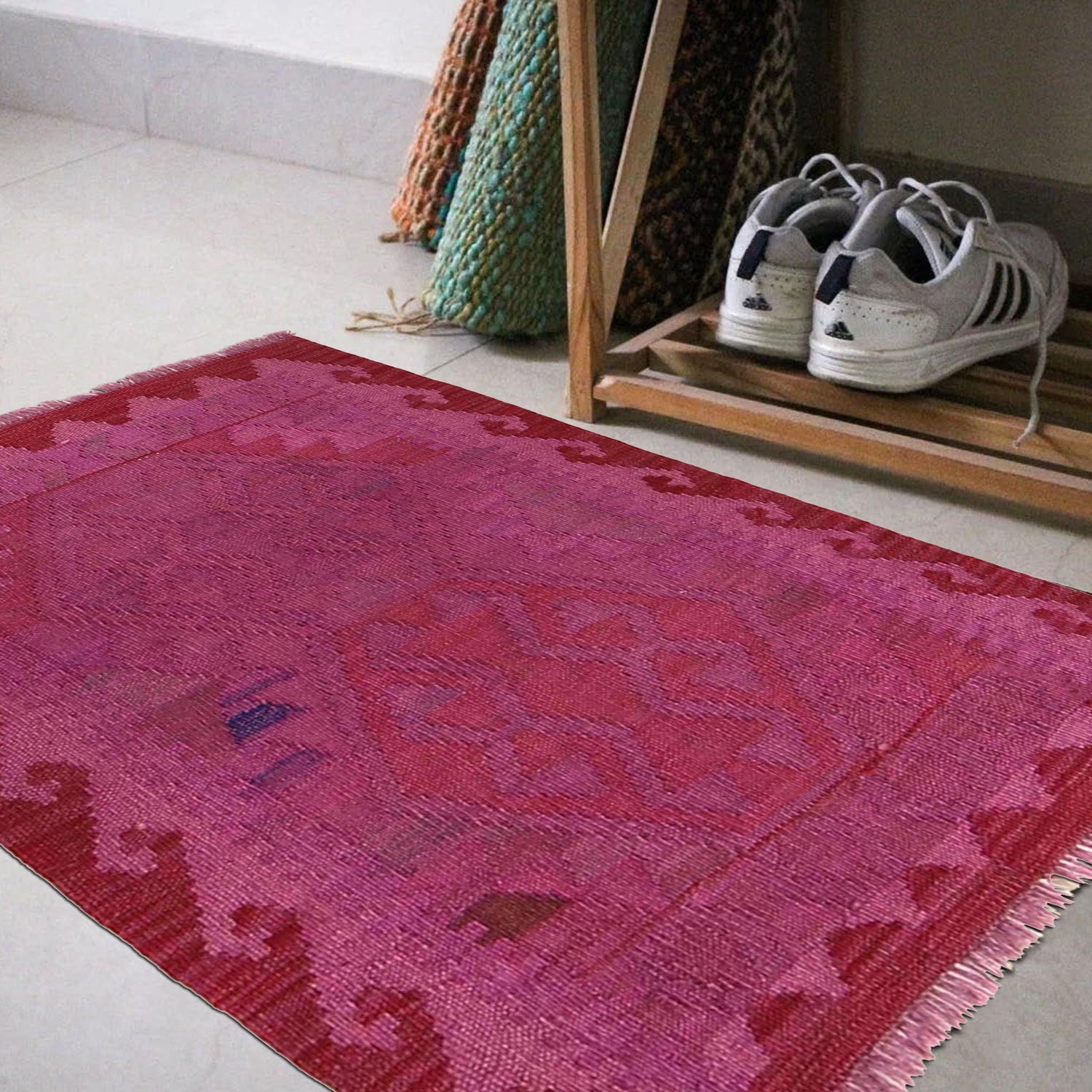 Overdyed Vegetable Kilim Area Rug Handmade Purple Geometric