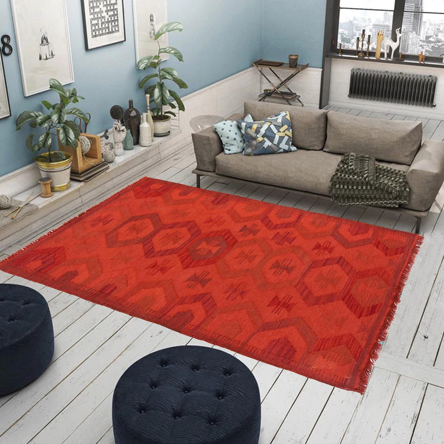 Overdyed Vegetable Kilim Area Rug Handmade Red Geometric