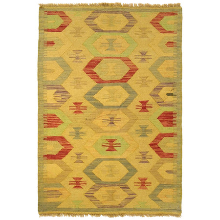 Overdyed Vegetable Kilim Area Rug Handmade Yellow Geometric