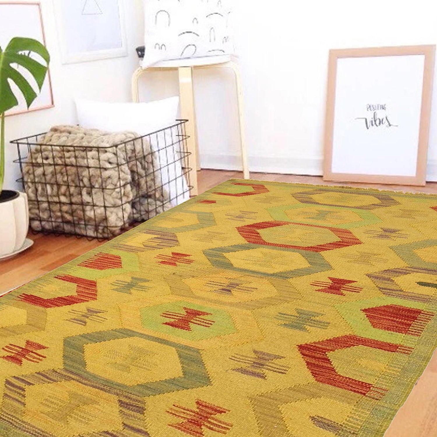 Overdyed Vegetable Kilim Area Rug Handmade Yellow Geometric