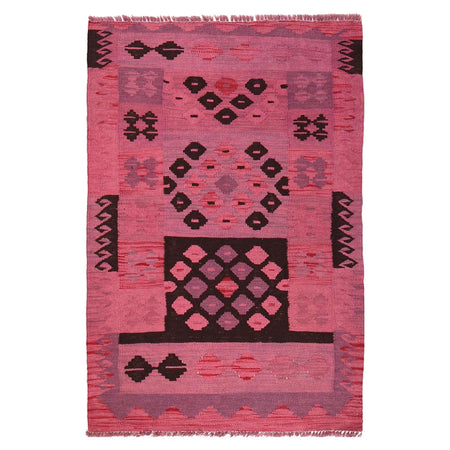 Overdyed Vegetable Kilim Area Rug Handmade Pink Geometric
