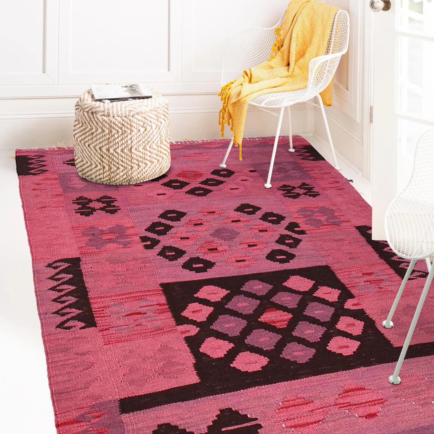 Overdyed Vegetable Kilim Area Rug Handmade Pink Geometric