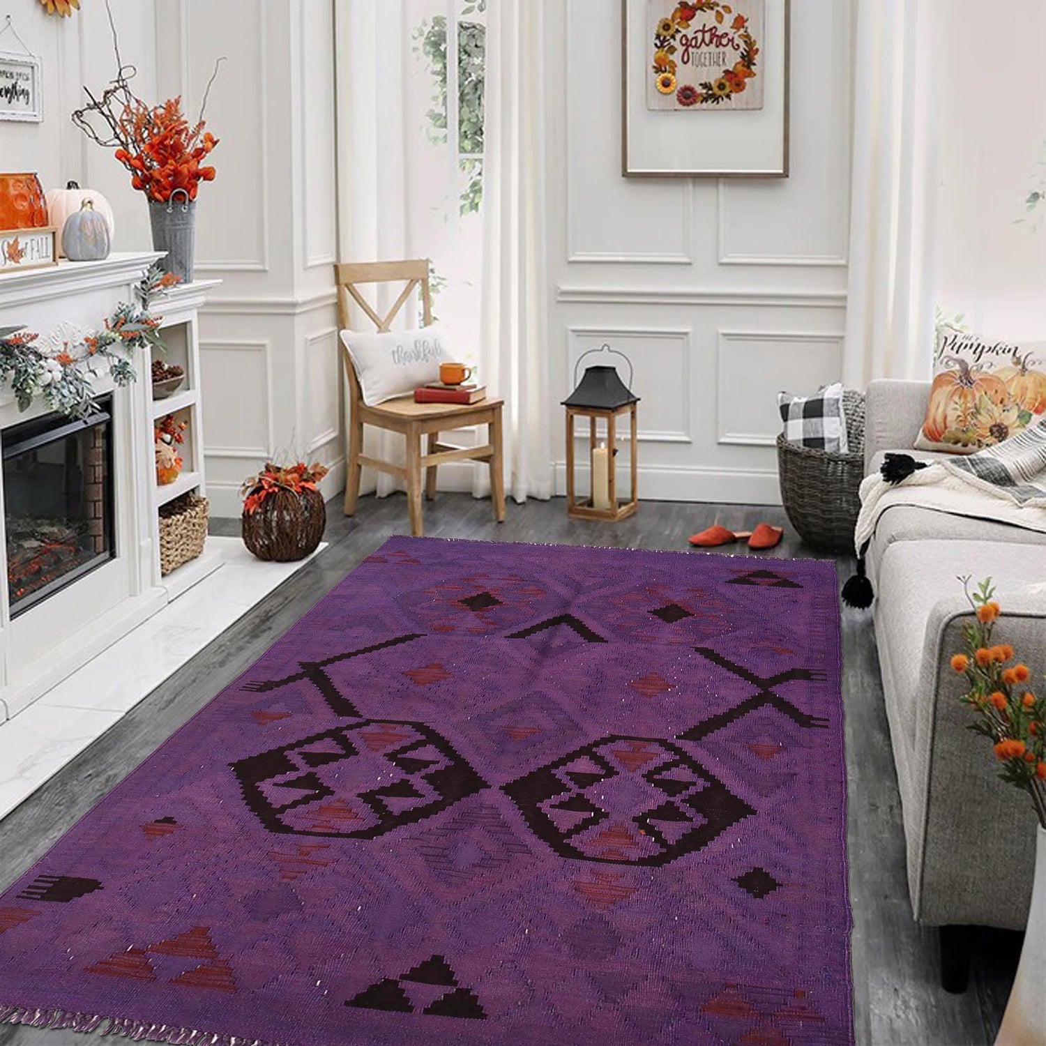 Overdyed Vegetable Kilim Area Rug Handmade Purple Geometric