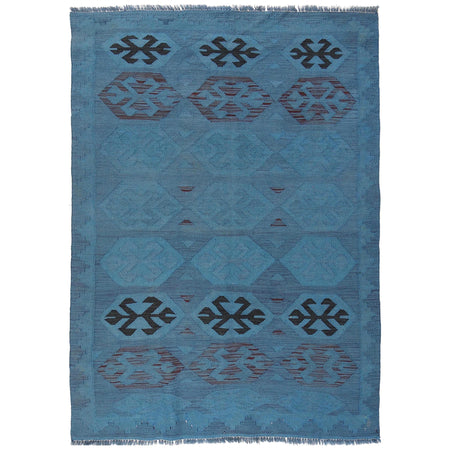 Overdyed Vegetable Kilim Area Rug Handmade Blue Geometric