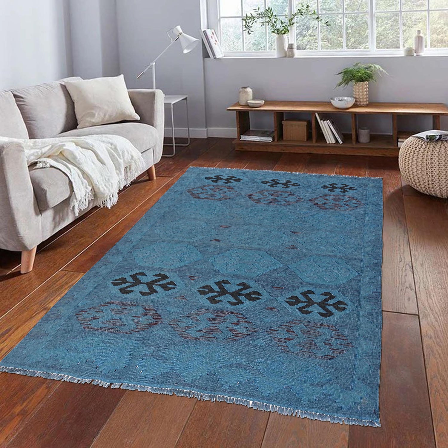 Overdyed Vegetable Kilim Area Rug Handmade Blue Geometric