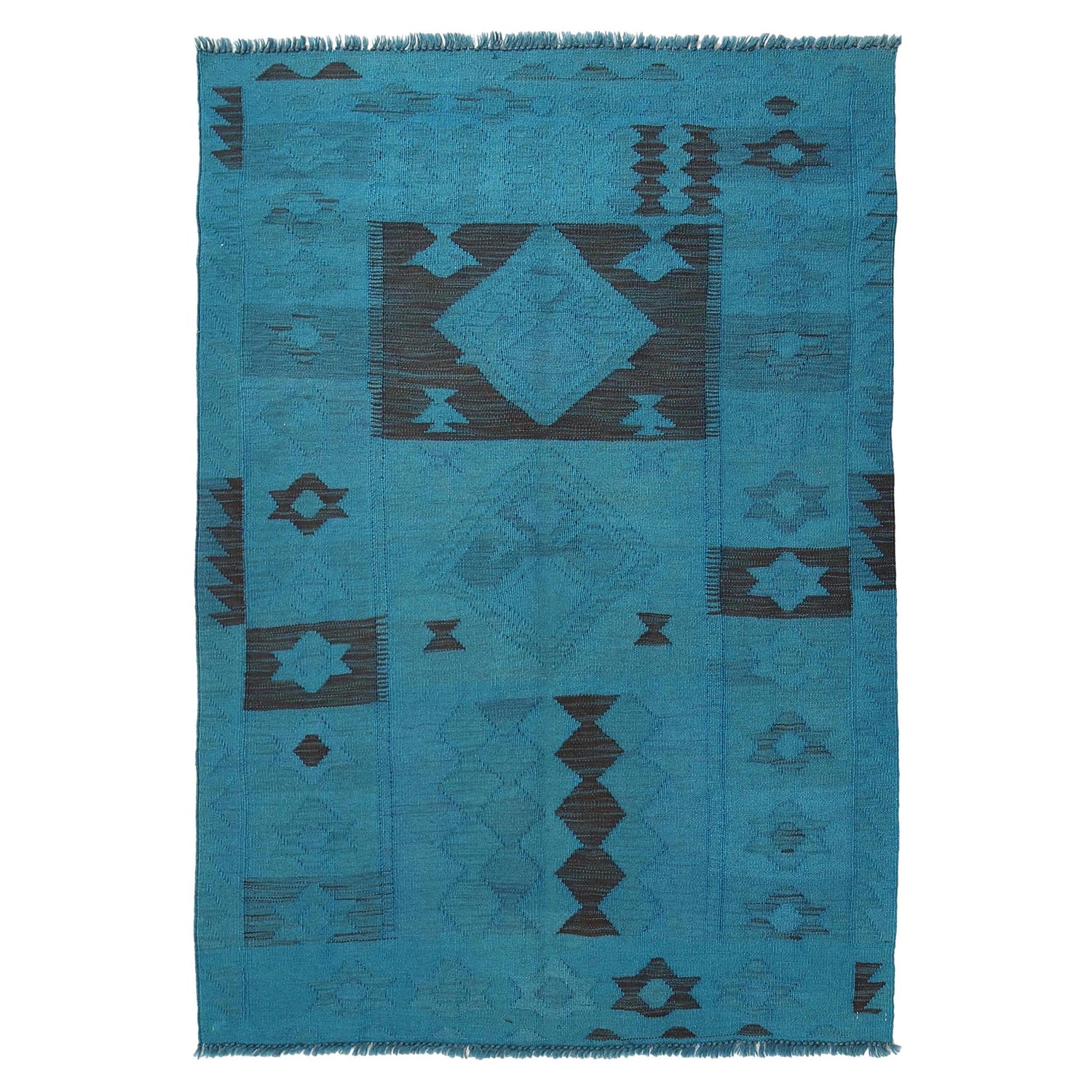 Overdyed Vegetable Kilim Area Rug Handmade Blue Geometric