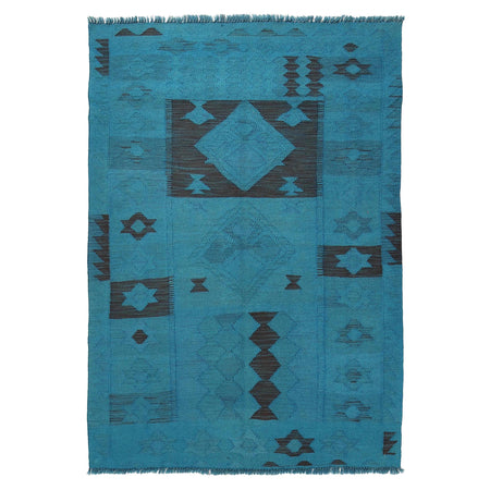 Overdyed Vegetable Kilim Area Rug Handmade Blue Geometric
