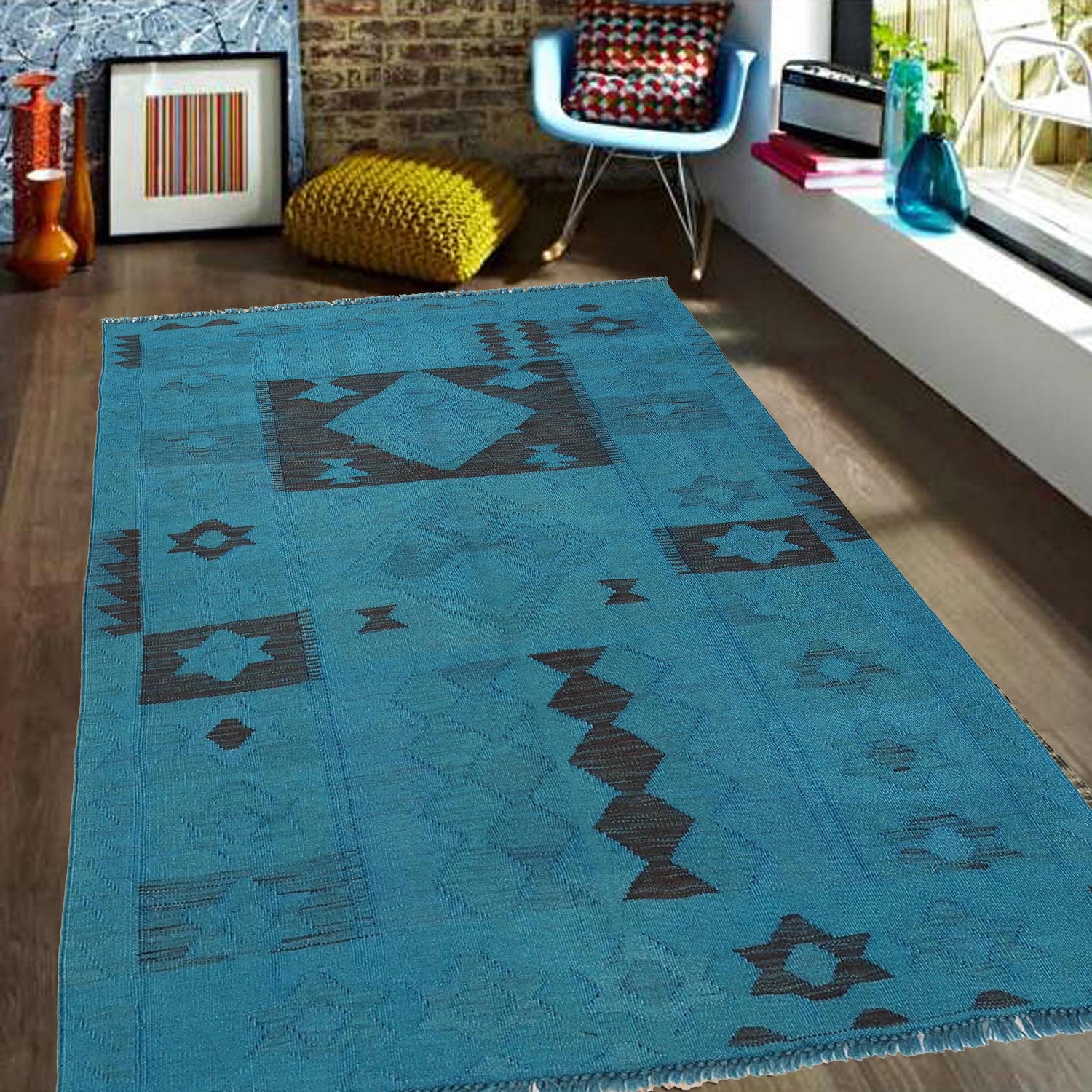 Overdyed Vegetable Kilim Area Rug Handmade Blue Geometric