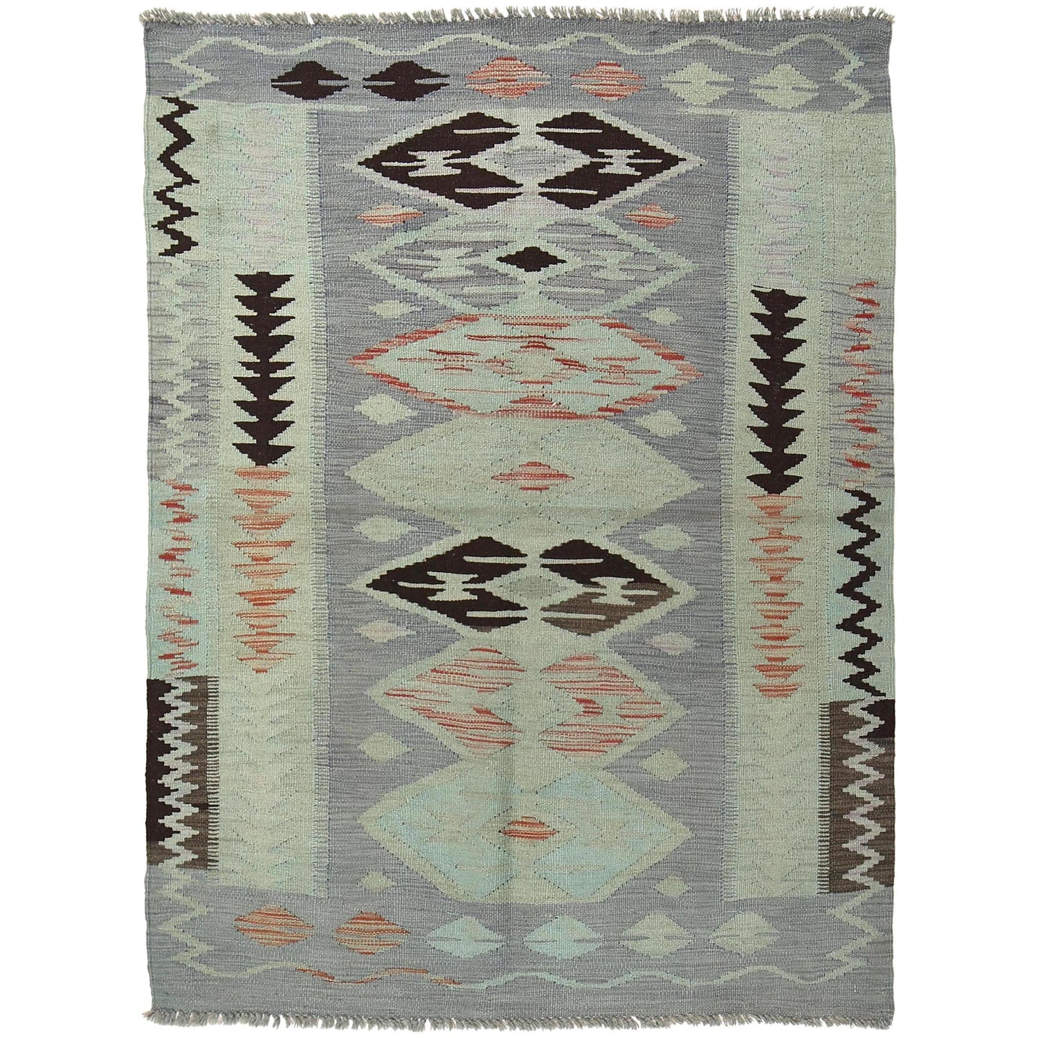 Hand-Knotted Green Geometric Overdyed Vegetable Kilim Area Rug – 3' 11" x 5' 6" ft (119 x 168 cm) | SKU: B29235