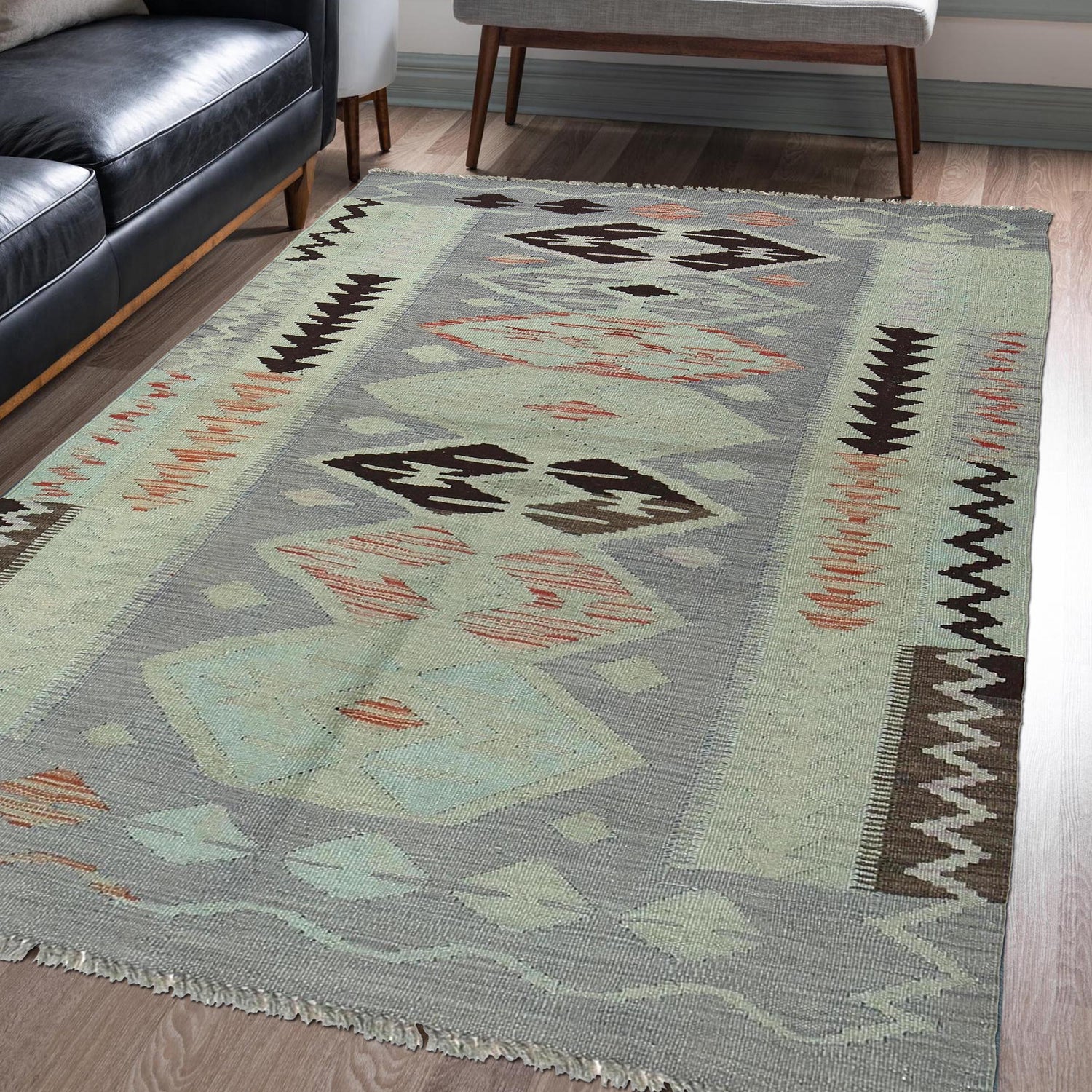 Hand-Knotted Green Geometric Overdyed Vegetable Kilim Area Rug – 3' 11" x 5' 6" ft (119 x 168 cm) | SKU: B29235