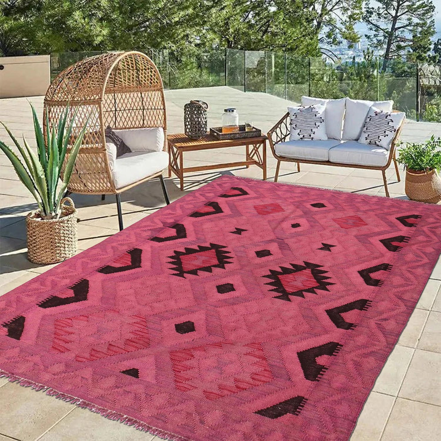 Overdyed Vegetable Kilim Area Rug Handmade Pink Geometric