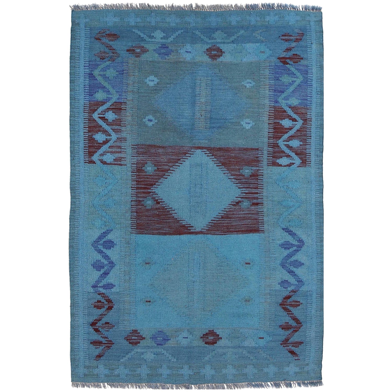 Overdyed Vegetable Kilim Area Rug Handmade Blue Geometric