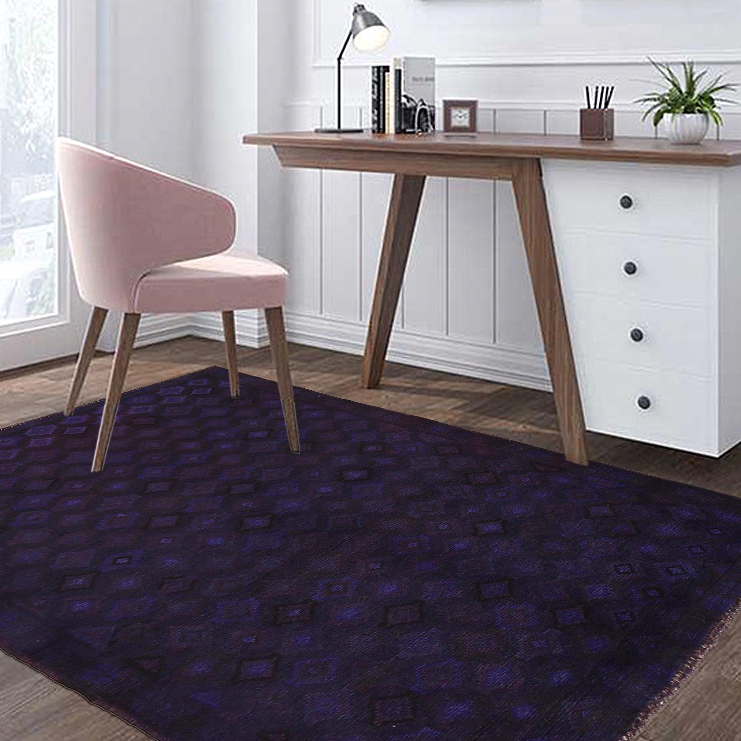 Overdyed Area Rug Handmade Purple Geometric 2x4 ft