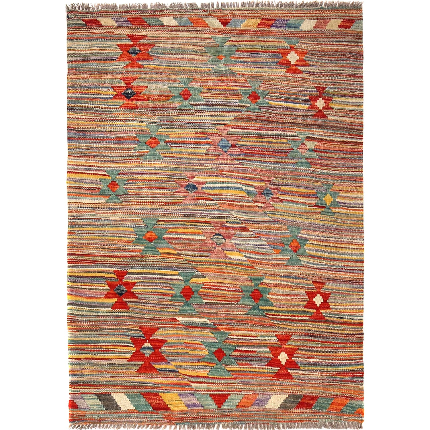 Hand-Knotted Multi Geometric Vegetable Kilim Area Rug – 3' 3" x 4' 9" ft (100 x 146 cm) | SKU: B29438