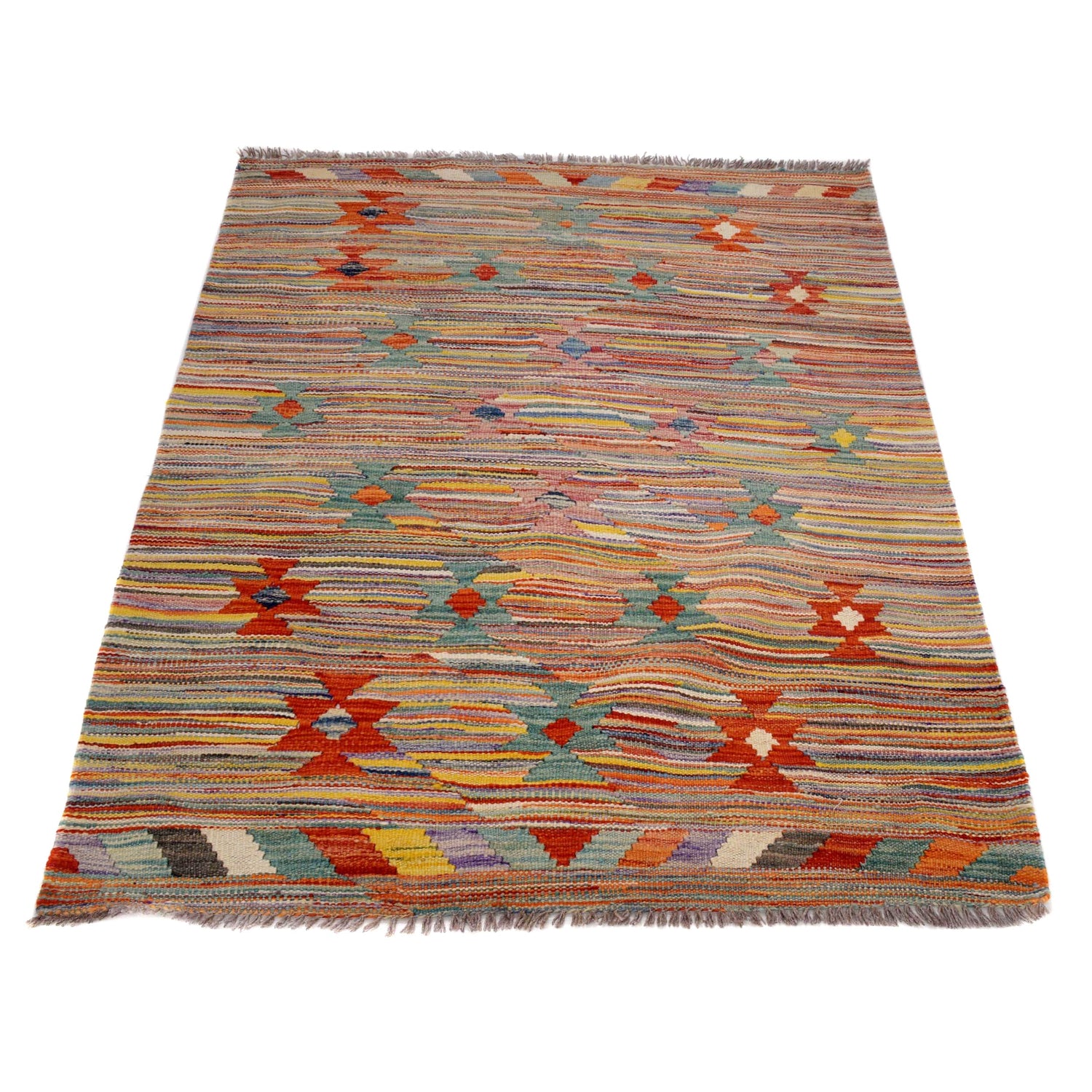 Hand-Knotted Multi Geometric Vegetable Kilim Area Rug – 3' 3" x 4' 9" ft (100 x 146 cm) | SKU: B29438