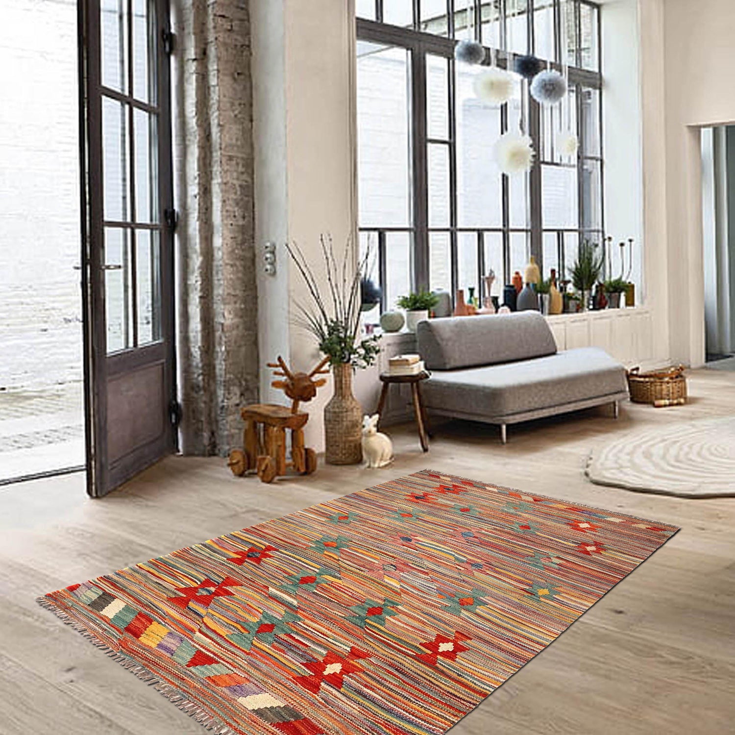 Hand-Knotted Multi Geometric Vegetable Kilim Area Rug – 3' 3" x 4' 9" ft (100 x 146 cm) | SKU: B29438