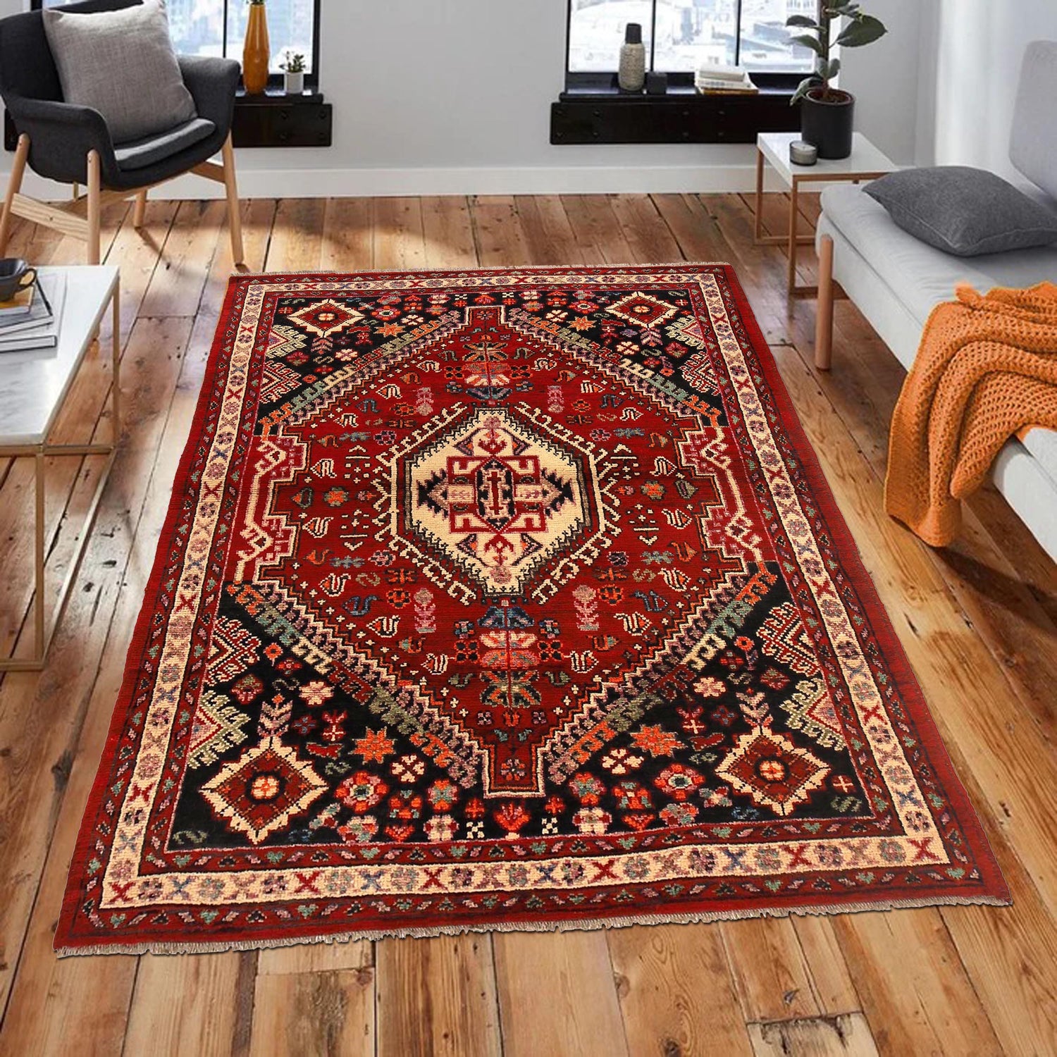 Shirazi Area Rug Handmade Red Medallion 4x7 ft
