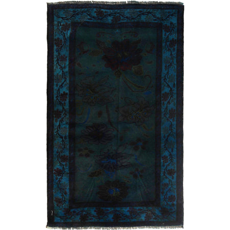 Overdyed Area Rug Handmade Blue Geometric 4x6 ft