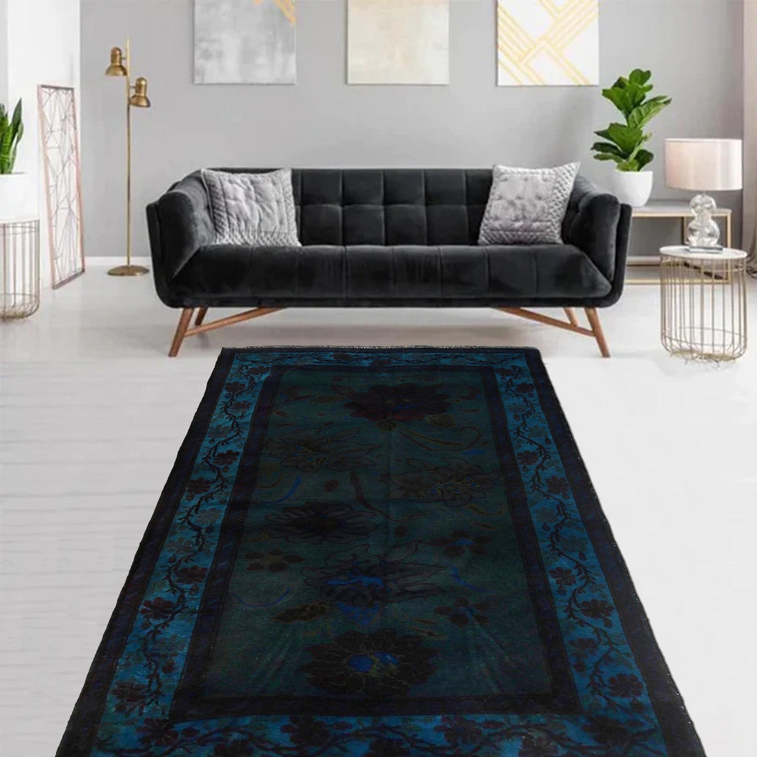 Overdyed Area Rug Handmade Blue Geometric 4x6 ft