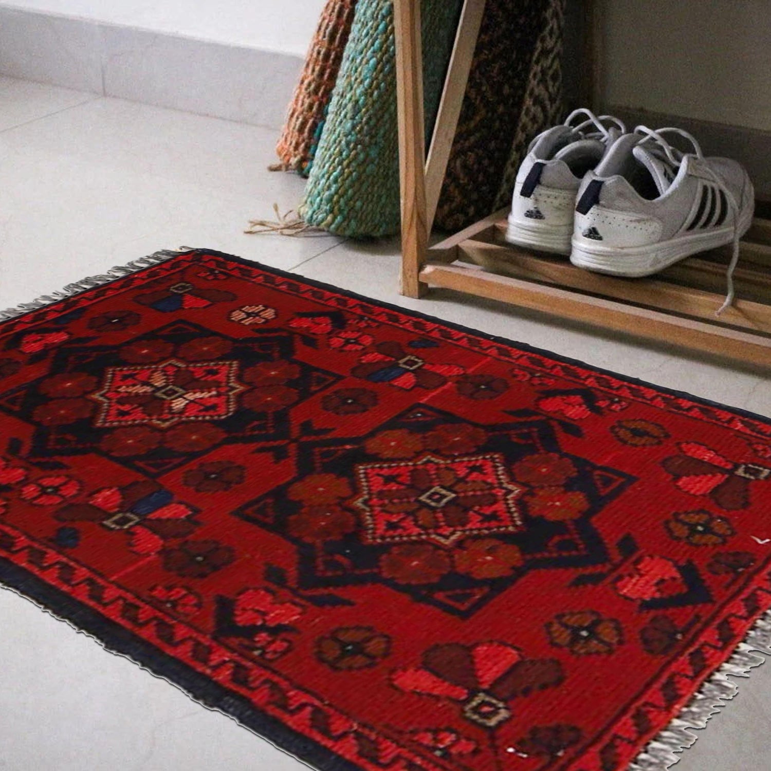 Handmade Wool Doormat Red Floral