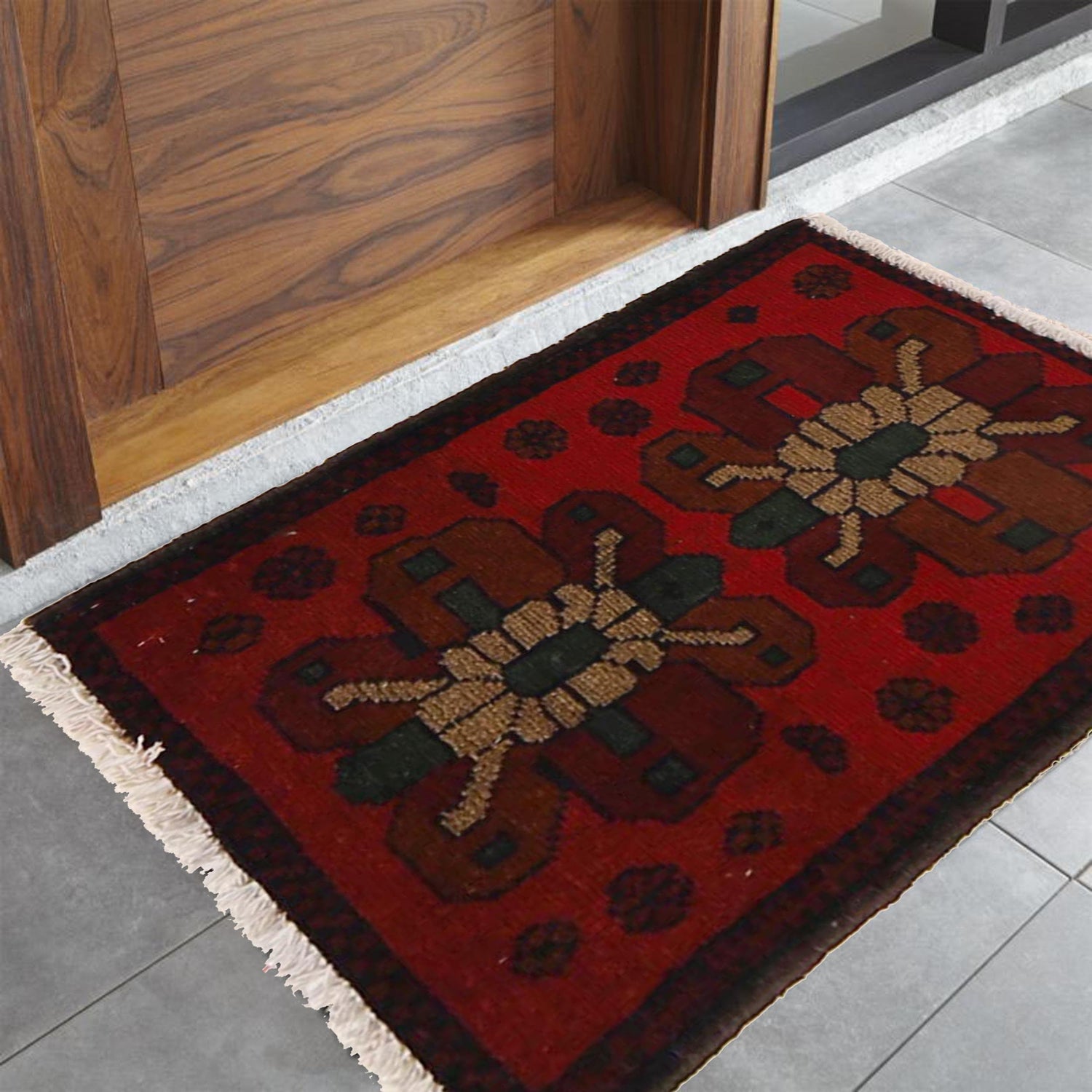 Handmade Wool Doormat Red Geometric