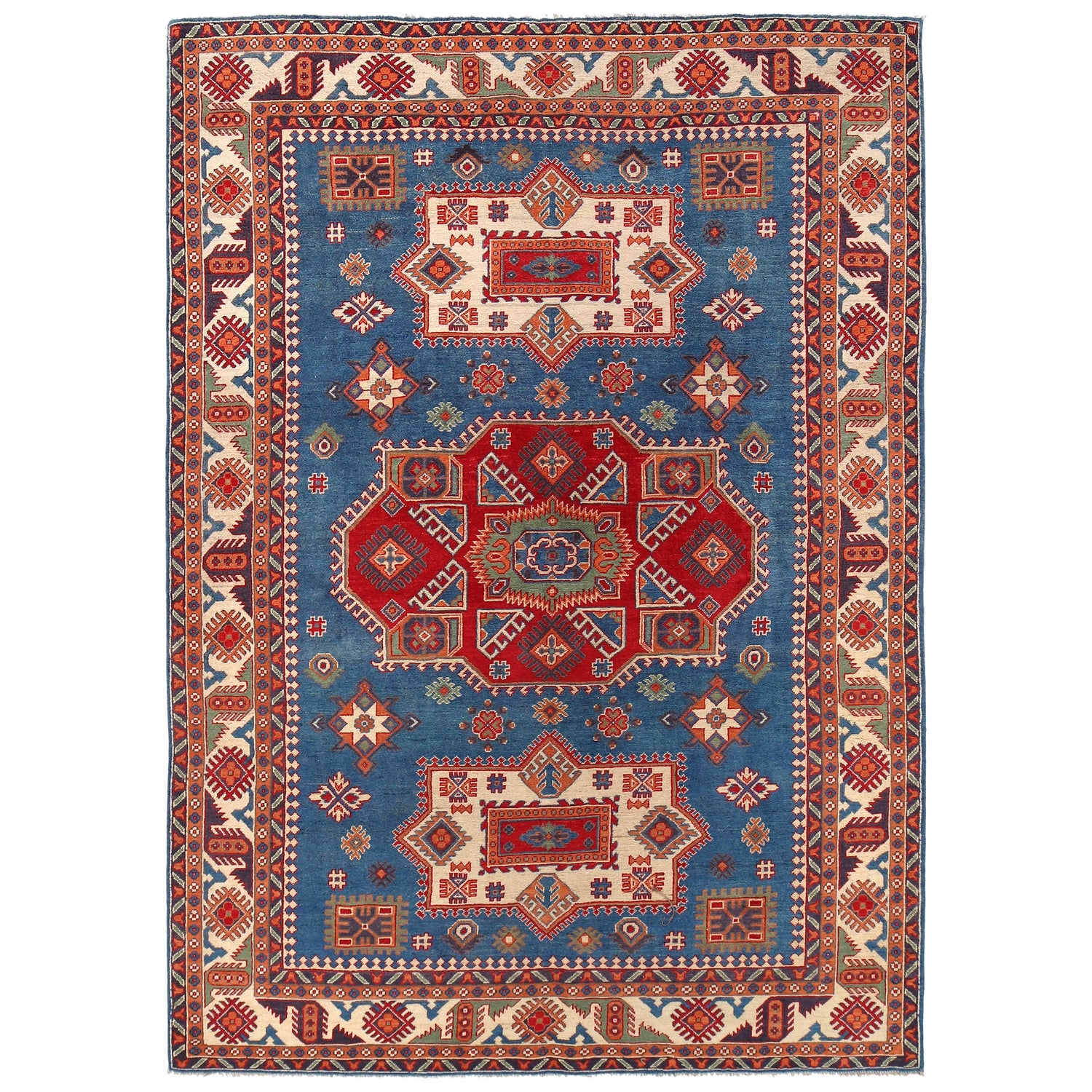 Kazak Rug Handmade Blue Medallion 7x10 ft