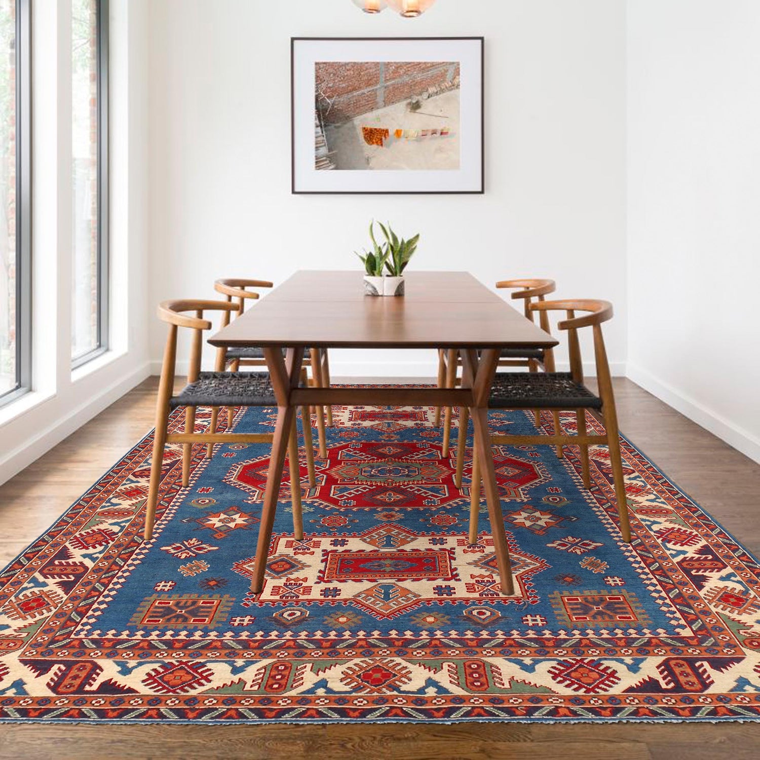 Kazak Rug Handmade Blue Medallion 7x10 ft